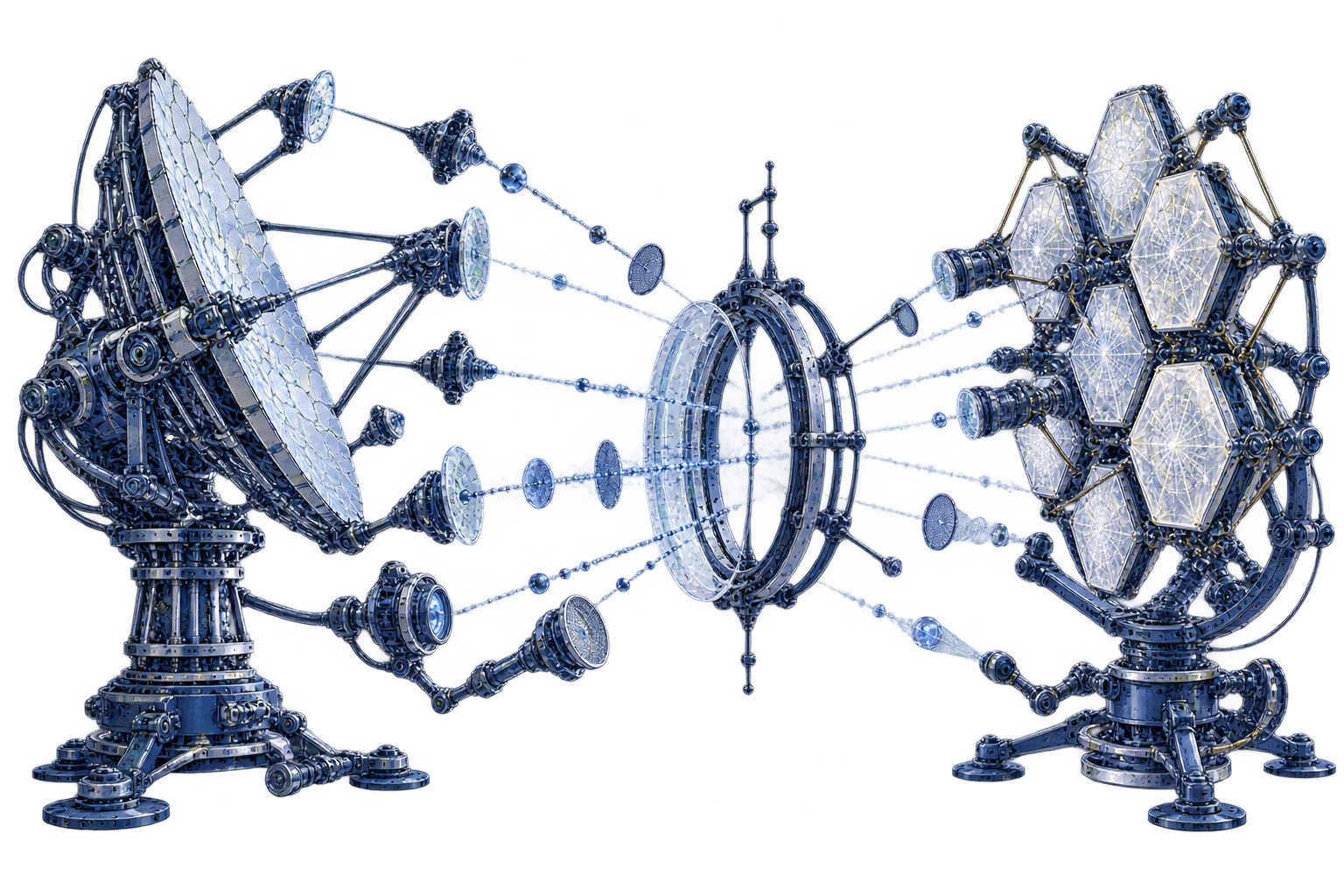 Conceptual editorial illustration: Two very different intricate observational signal arrays approach a central open evidence aperture from opposite sides, with several pathways ending before they connect.