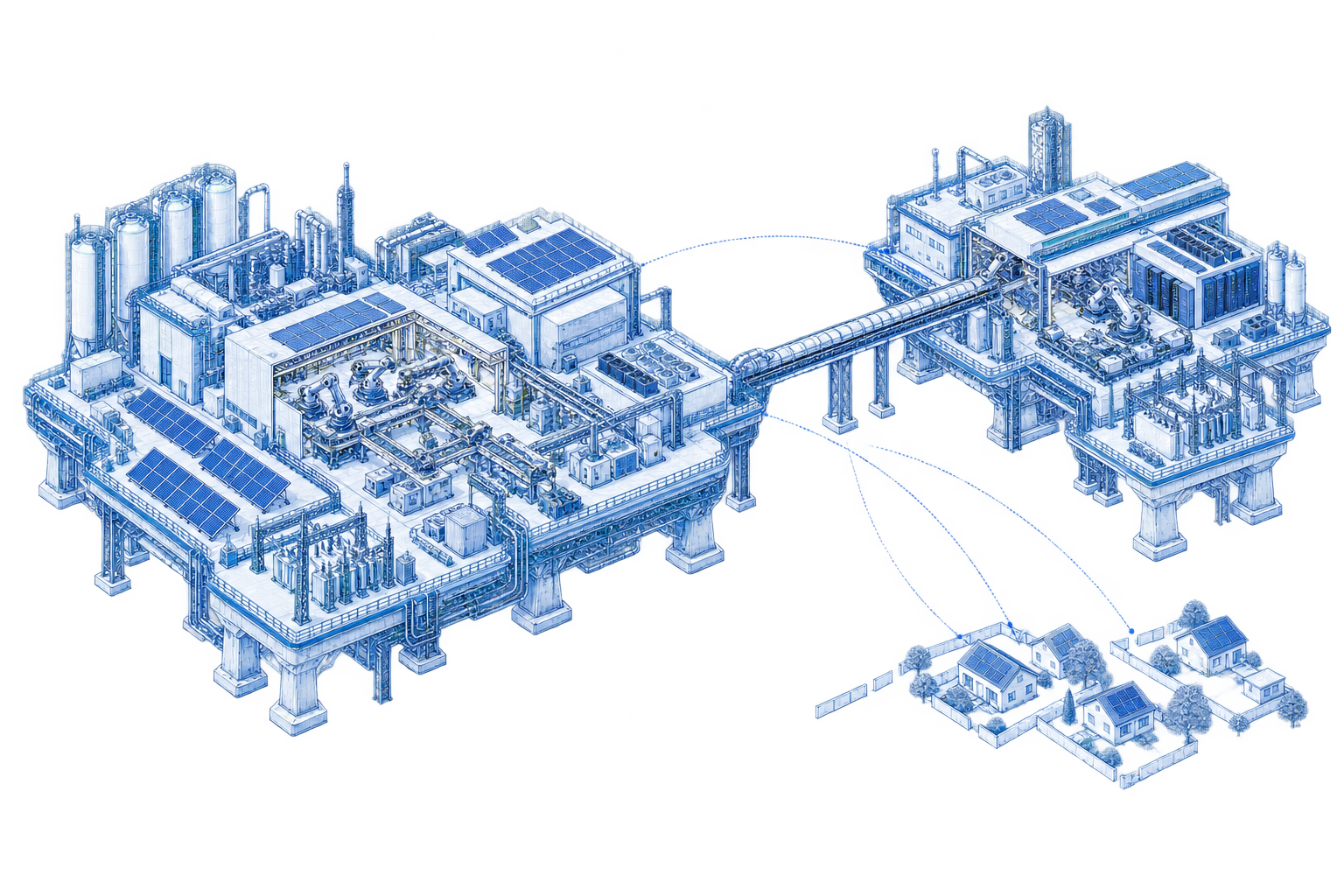 Two automated industrial enclaves exchange resources above households outside their production network. Unequal access is a possible arrangement, not an inevitable outcome.