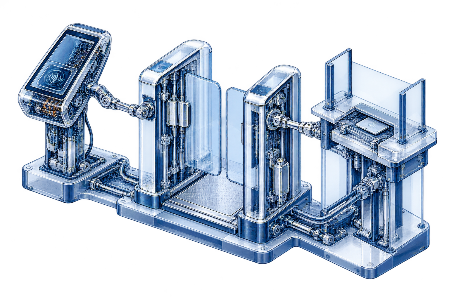 Conceptual editorial illustration: A cutaway payment authorization terminal connects through three physical interlocks to a civic transit gate and an exchange counter, all on a compact grounded modular chassis.
