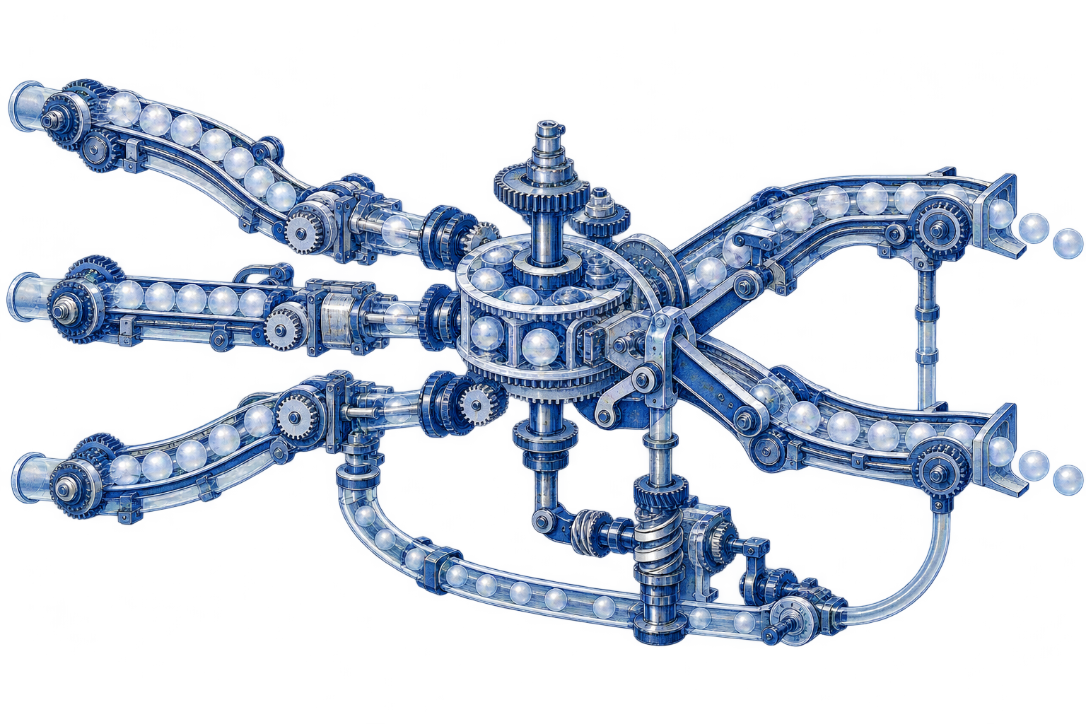 Conceptual editorial illustration: An exquisite branching mechanical sequencer driven by multiple independent upstream inputs, with two alternative open output paths and a visible feedback channel that changes the mechanism's configuration.