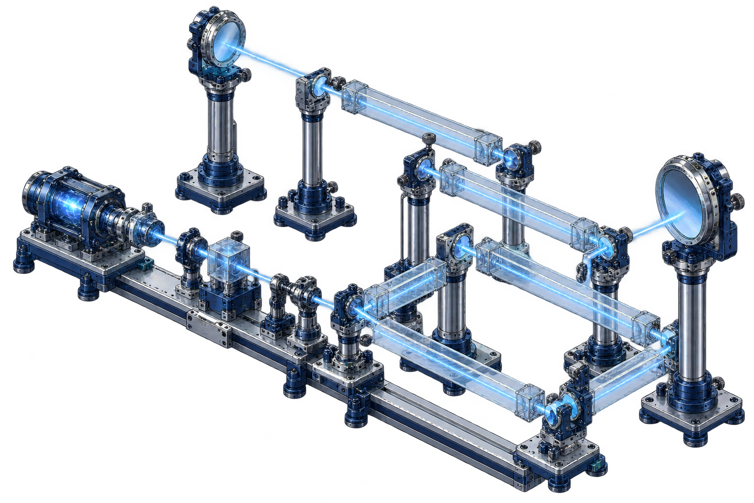 Conceptual editorial illustration: An elegant elongated timing assembly with a compact pulse source, two widely separated reference mirrors and a winding folded optical delay path.