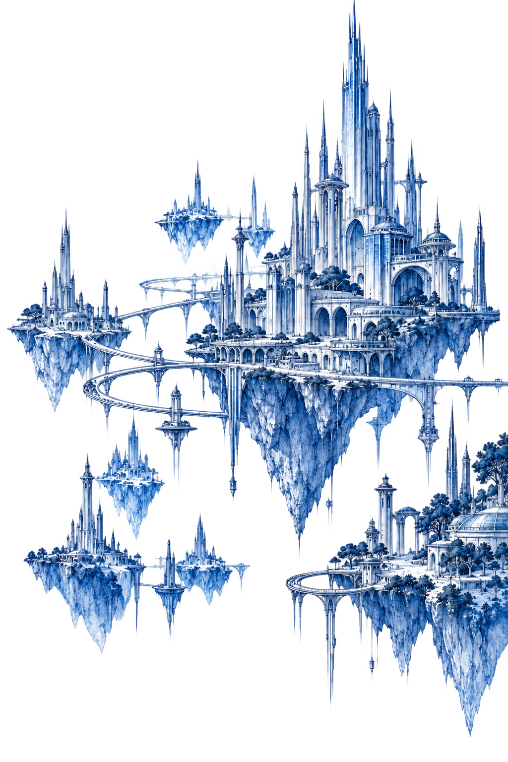 A blue architectural drawing of an imagined city suspended on floating islands.
