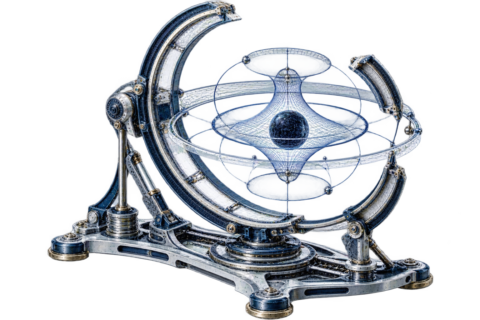 Conceptual editorial illustration: A small dense spherical sample is observed through a large incomplete sculptural ring and warped concentric reference frames, mounted on an asymmetric precision stand.