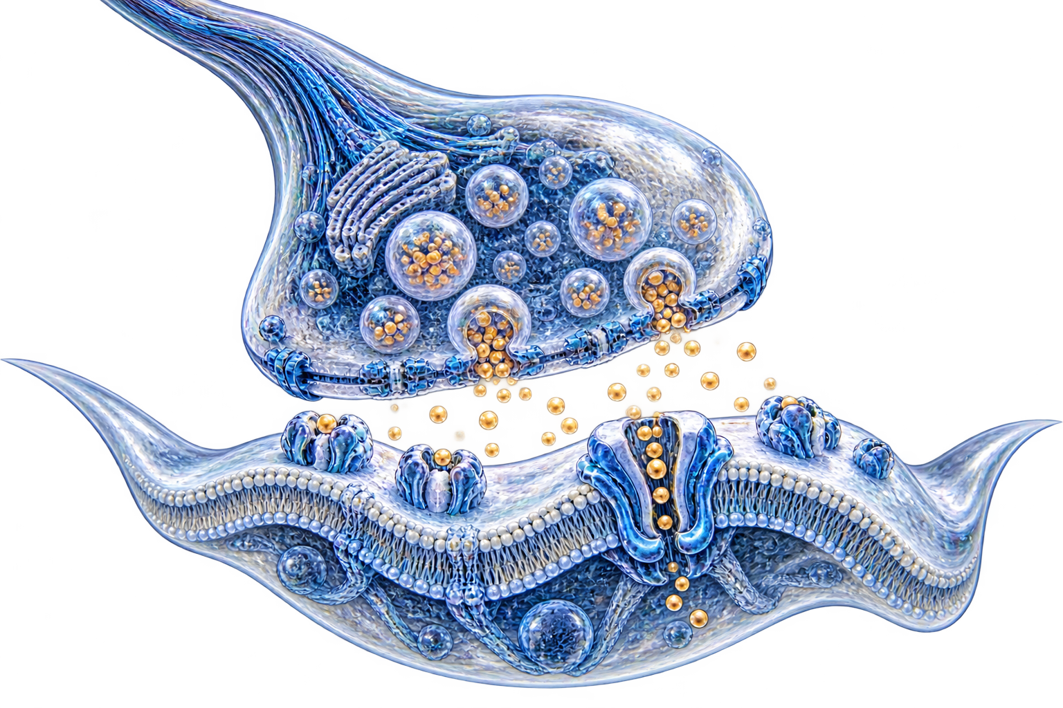 Conceptual editorial illustration: A distinct biological synapse study in an open precision mount: curved presynaptic terminal, small release vesicles, a visible synaptic gap and one elaborate transporter gate in the opposing membrane.
