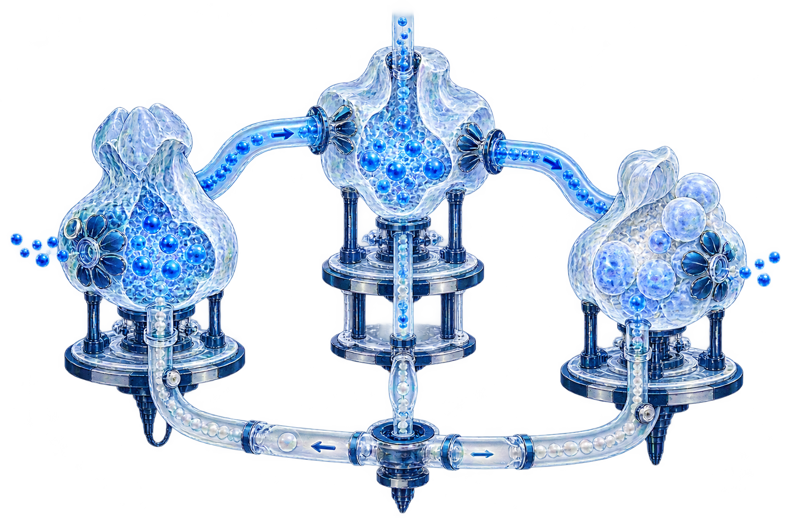 Conceptual editorial illustration: A striking branching endocrine feedback mechanism: three clearly separate translucent biological signaling chambers on tiered supports, connected by circulating transport channels and a fine returning feedback route.