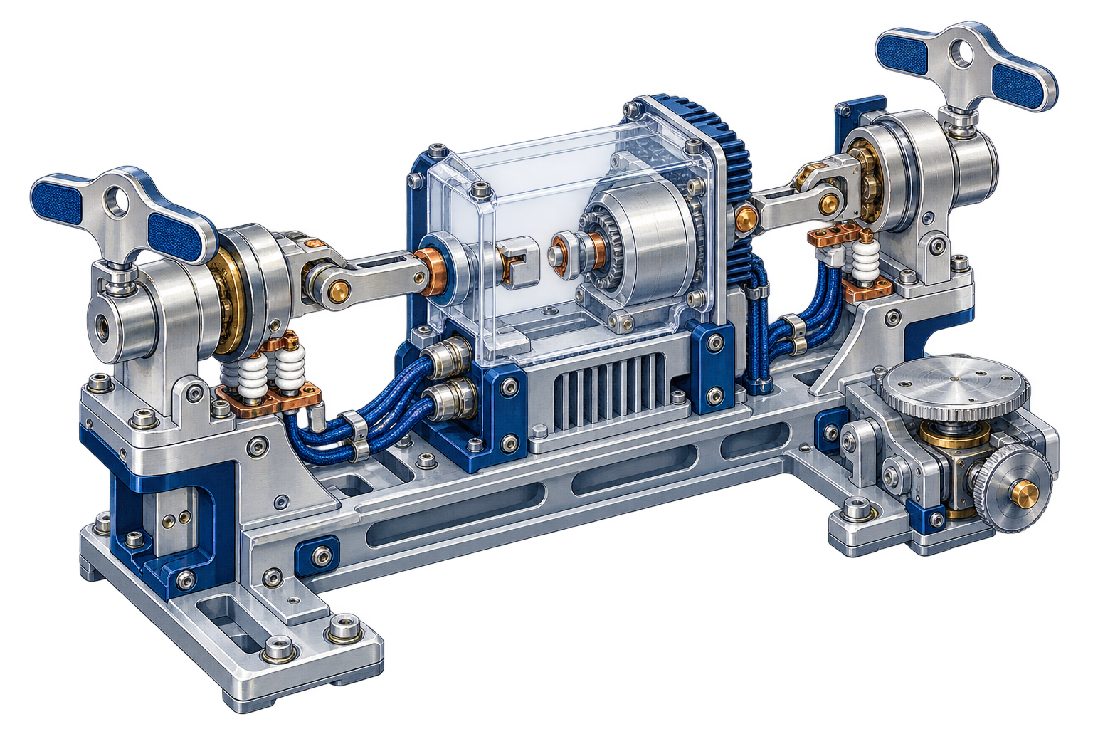 Two independent authorization keys operate a mechanical interlock with a visible interruption point. An illustration of authority over automated action.