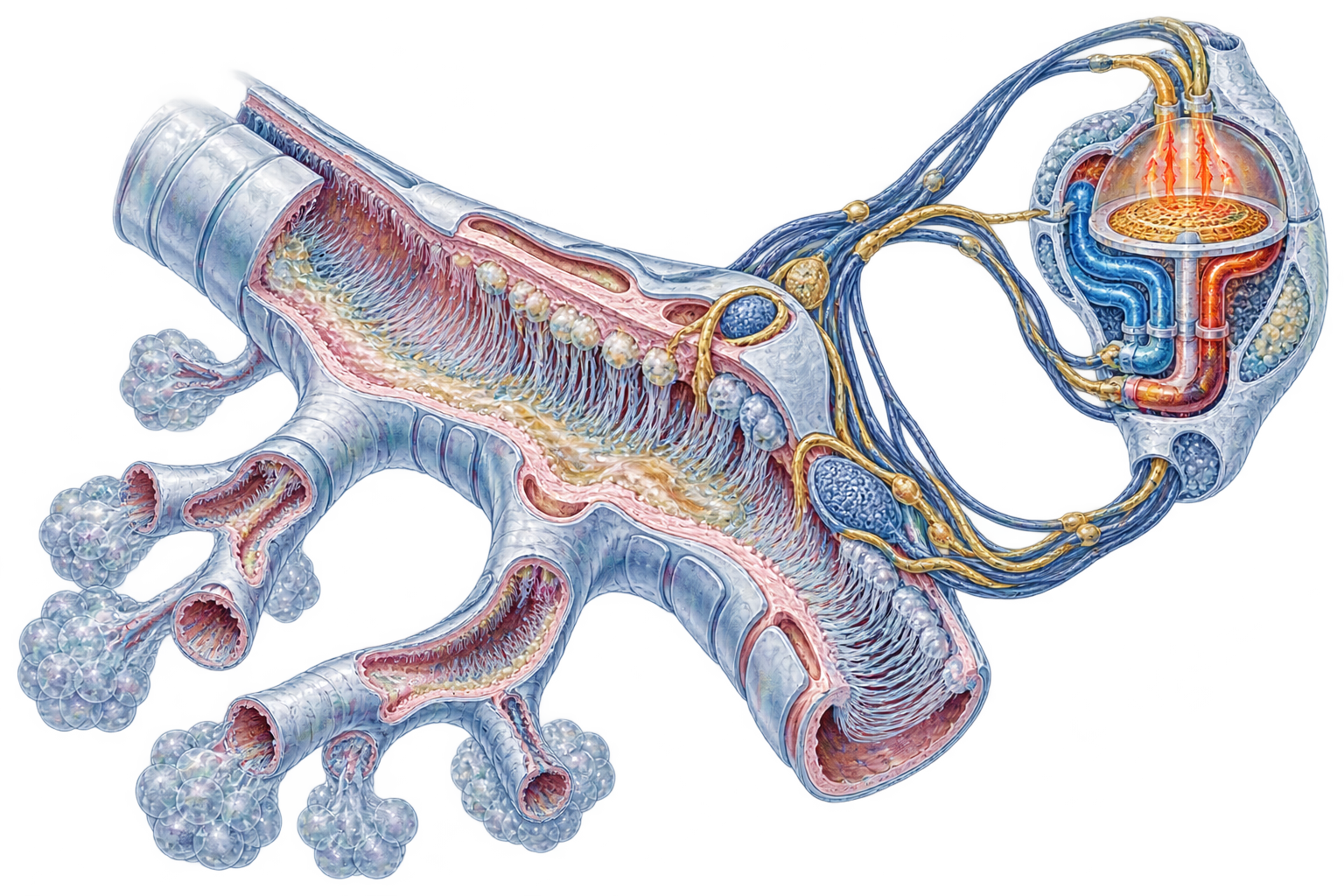 Conceptual editorial illustration: An asymmetrical cutaway airway branch with fine cilia, mucus surface and separate sensory signal conduits feeding a small thermal-regulation feedback chamber.