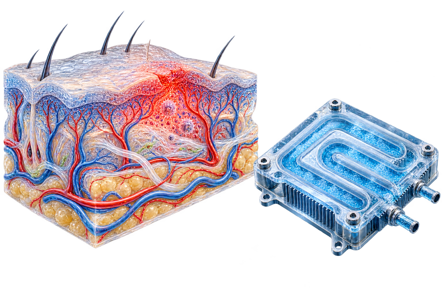 Conceptual editorial illustration: A detailed layered tissue and capillary observation model alongside a separate passive cooling plate, with visible vascular pathways and a differentiated repair zone.