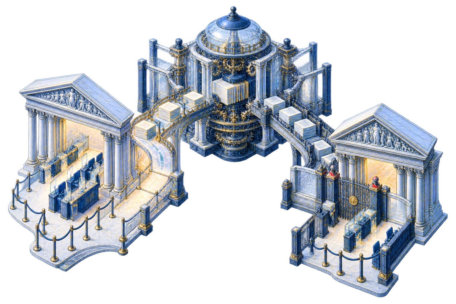 Conceptual editorial illustration: Two distinct grounded civic porticos connect public-facing procedural counters to a central administrative mechanism through separate authorization channels.