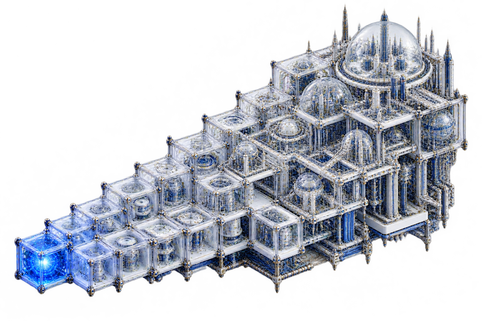 One illuminated module connects to an increasingly structured computational lattice, illustrating rule-based emergence rather than a demonstrated cosmology.