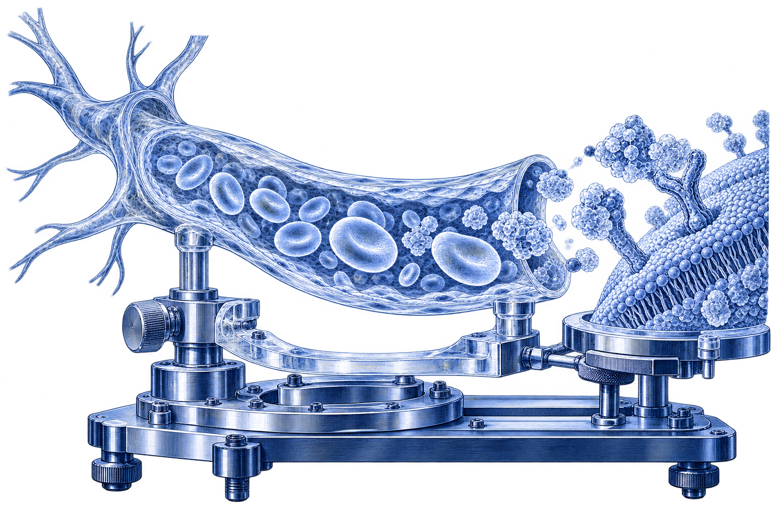 A conceptual vascular transport and cell-membrane observation model illustrating molecular interactions in blood.