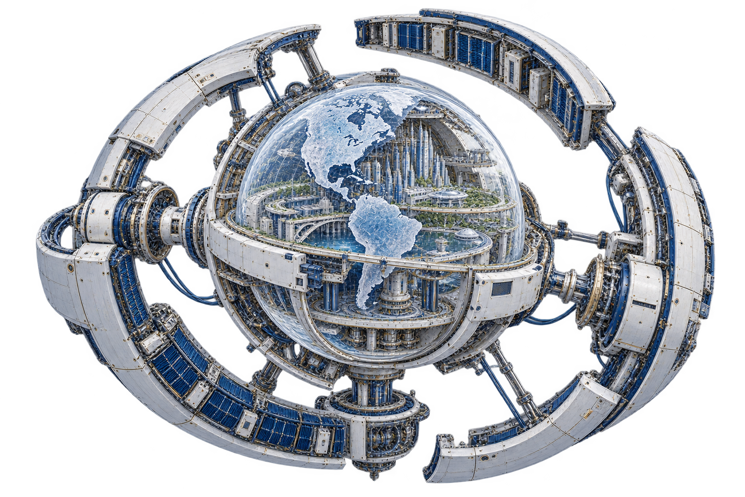 A miniature city inside a globe and open computational enclosures, illustrating a hypothetical containing system.