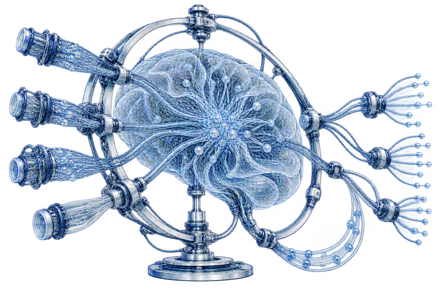 A conceptual branching neural-processing study with separate input, output and feedback channels, illustrating attention and cognitive control.
