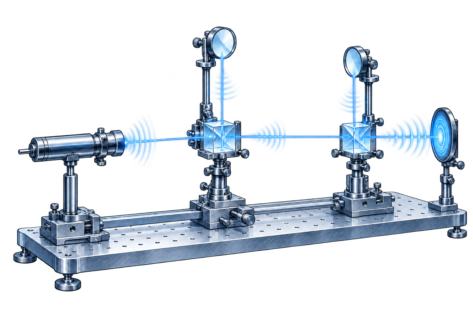Blue technical illustration of an optical bench with beam splitters, mirrors and a detector.
