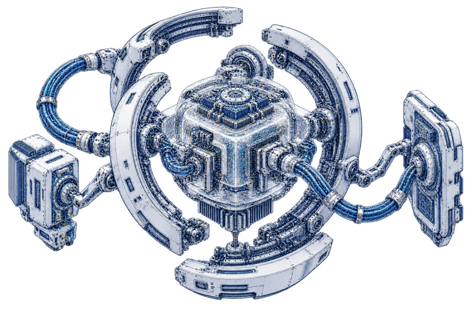 A processor within mechanical support rings, linked to secondary compute modules through feedback conduits. An illustration of persistent operation.