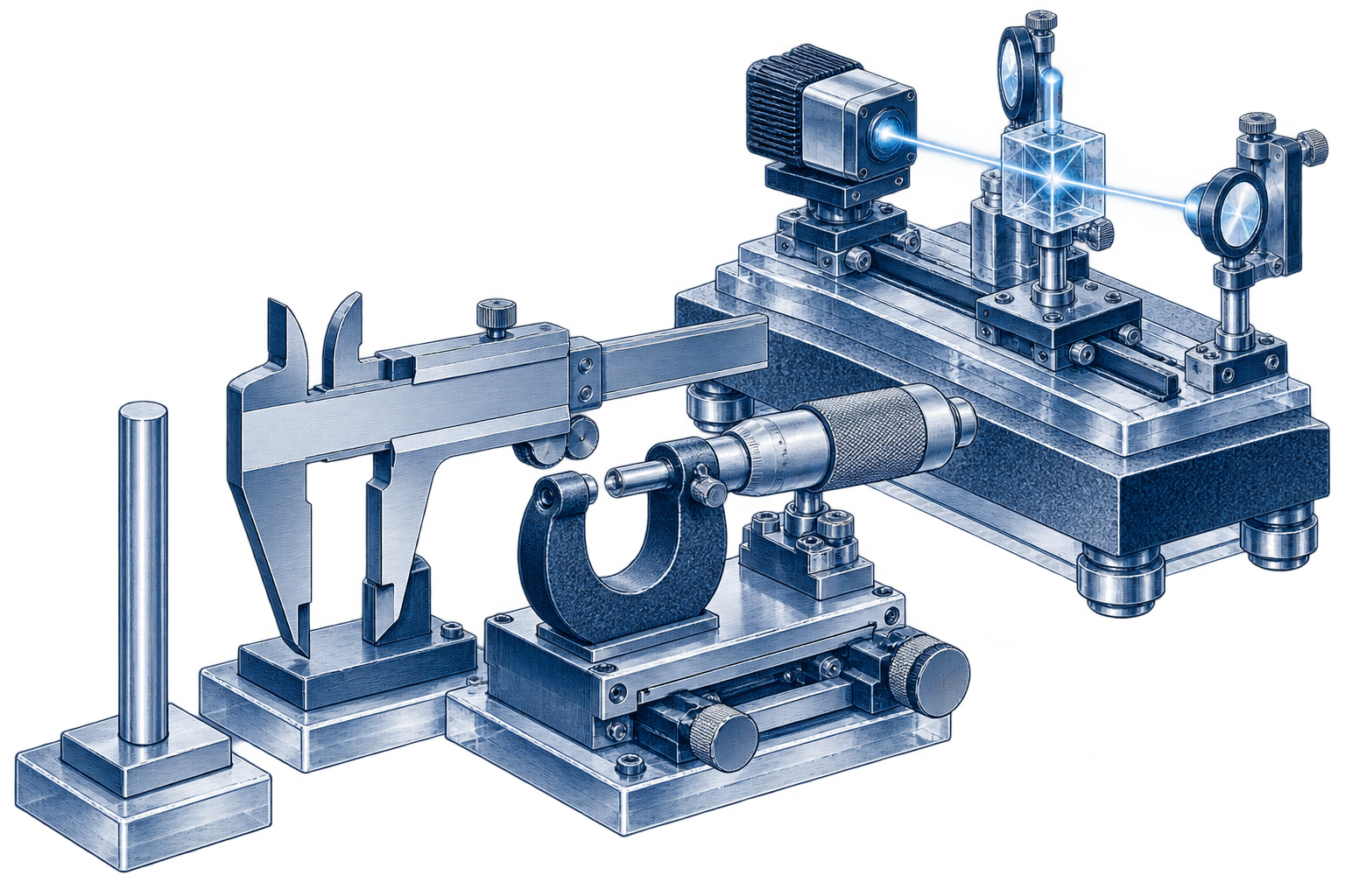 Conceptual editorial illustration: A magnificent integrated hierarchy of measurement instruments: a simple graduated rod with no marks or numerals, a large fine mechanical caliper, a micrometer stage, then a delicate laser interferometer on a higher tier.