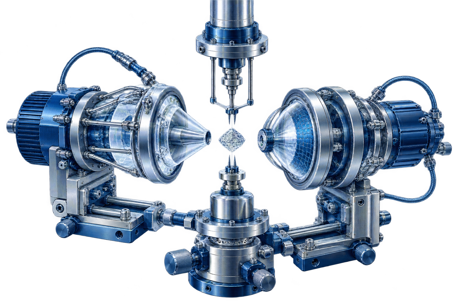 Conceptual editorial illustration: A distinct compact physical measurement assembly with a constrained wave aperture, a finely suspended sample, two opposed detector heads and one open timing channel.