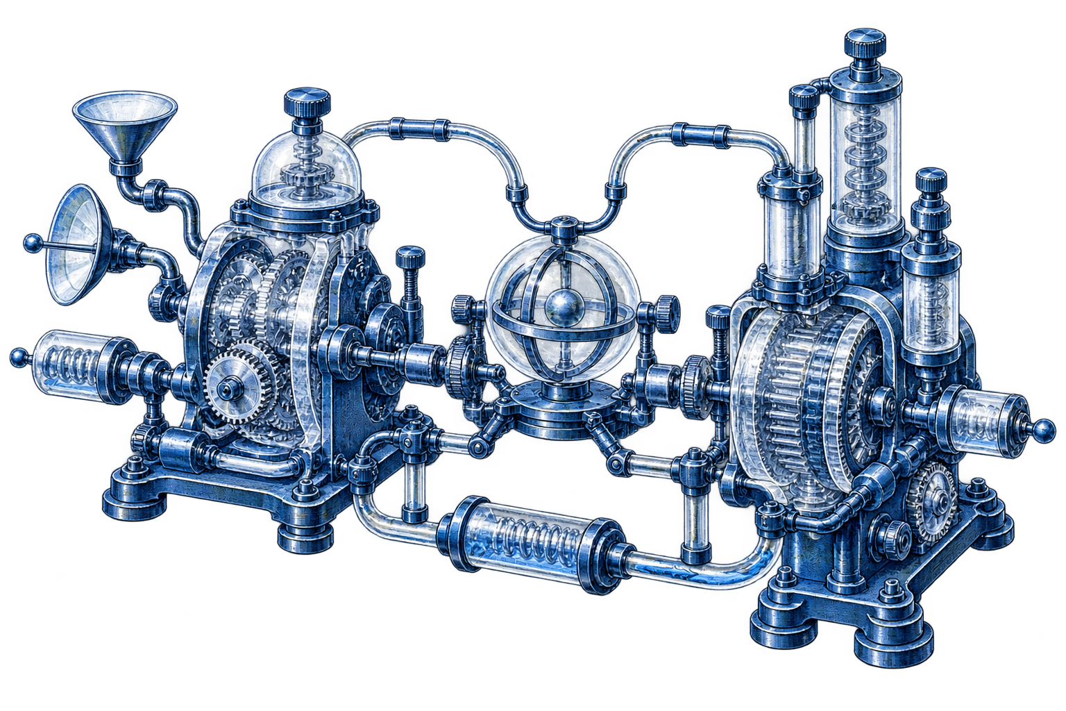 Conceptual editorial illustration: Two grounded and visibly different mechanical feedback assemblies exchange signals through adjustable physical couplings and an open central balancing mechanism.