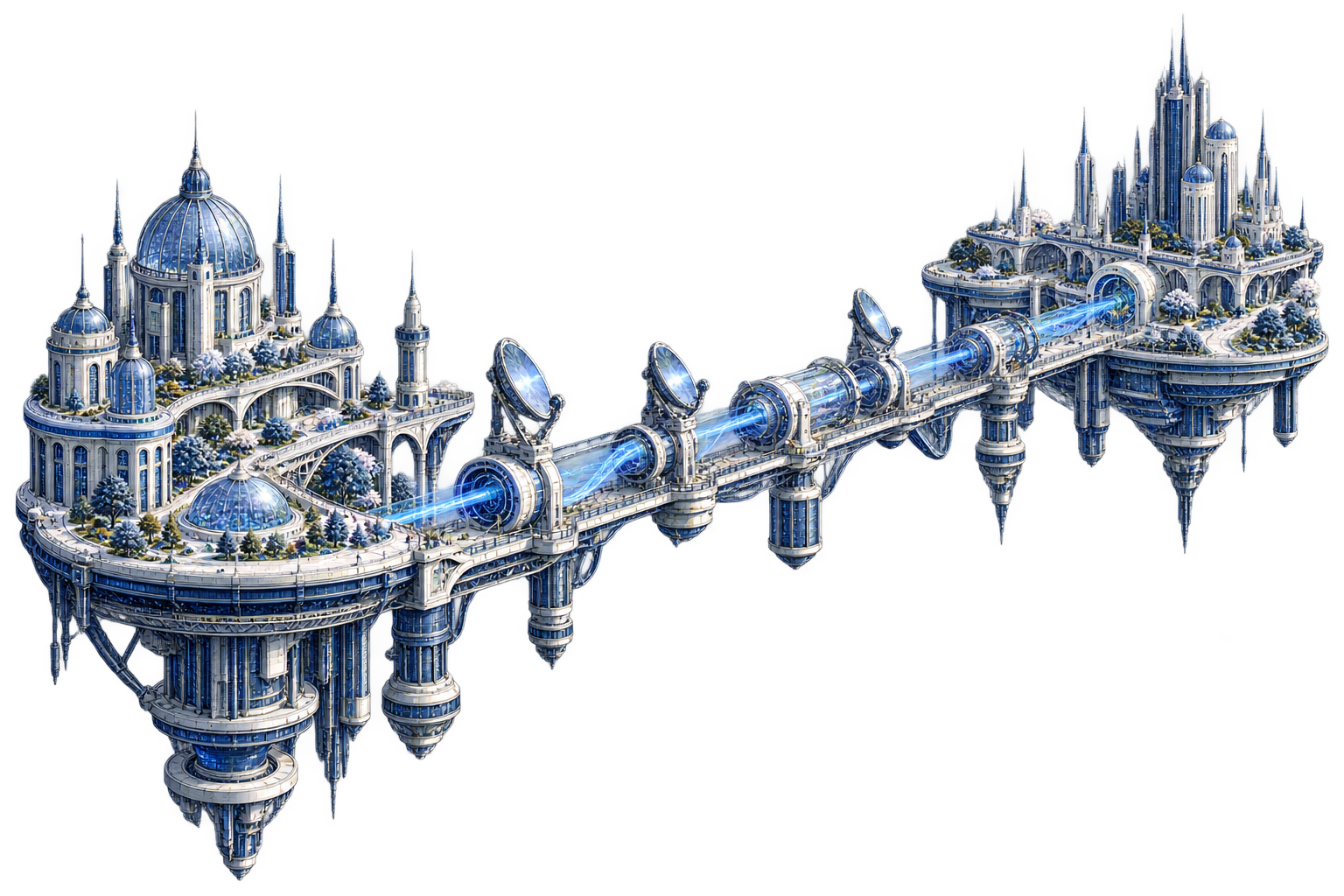 A hypothetical city divided by a long optical relay route, illustrating adaptation to the scenario's altered signal speed.