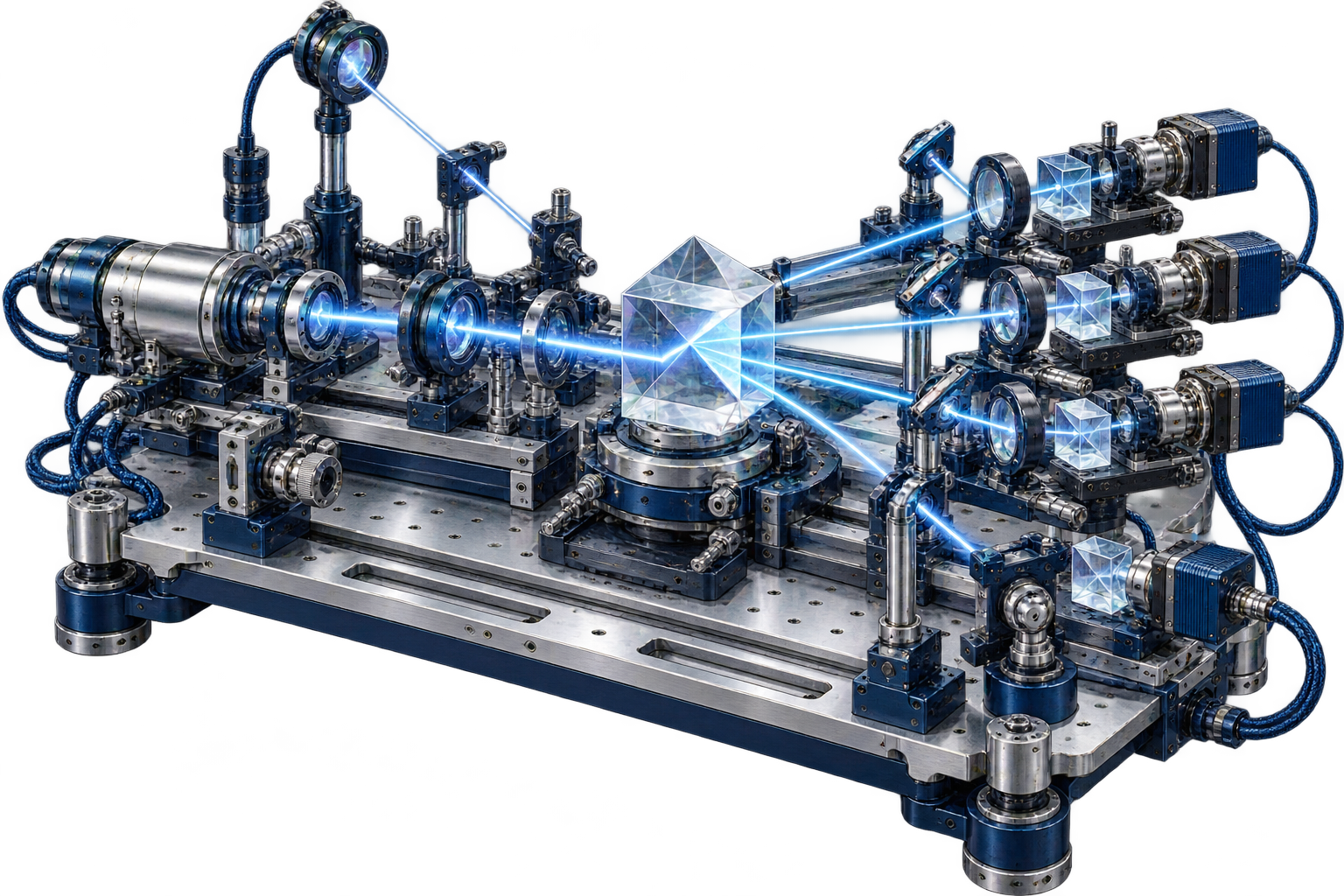 An elaborate spectroscopy assembly with reference channels and optical detectors, used to illustrate a fictional calibration anomaly.