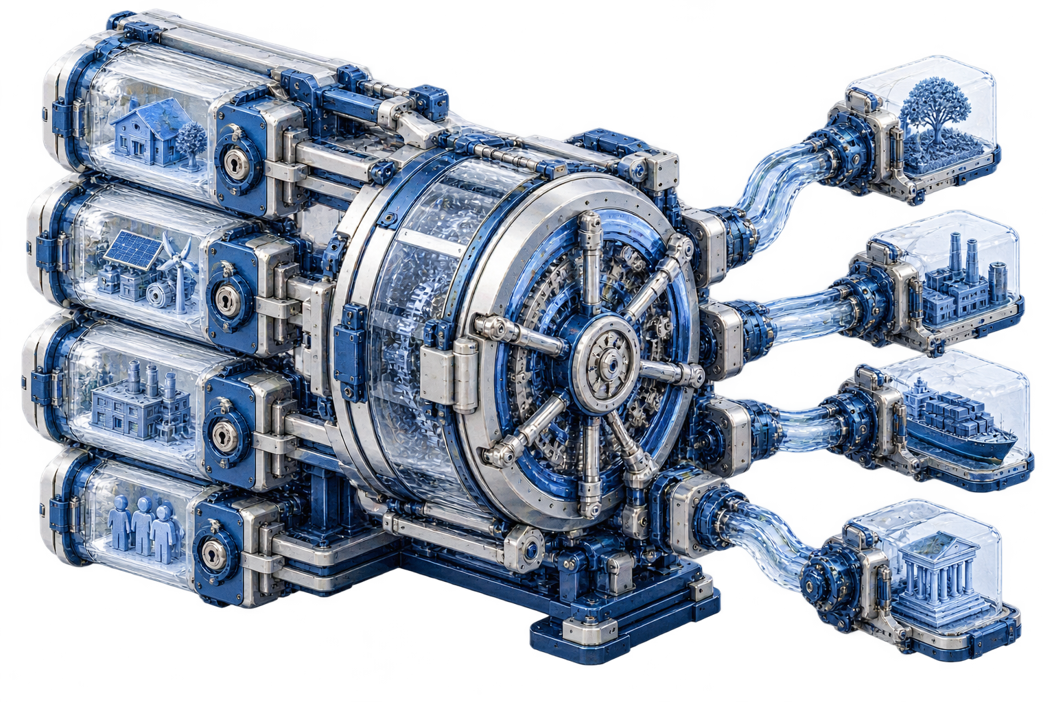 Conceptual editorial illustration: An elaborate compact custodian-vault mechanism with several separately gated ownership compartments, external productive-asset modules and distinct legal transfer channels.